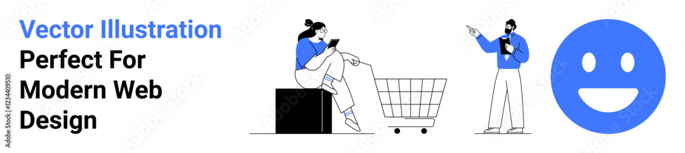 Fototapeta premium Woman scrolling on phone near shopping cart, man gesturing, large happy face. Ideal for e-commerce, shopping experience, customer feedback, consulting, online engagement, marketing flat landing page
