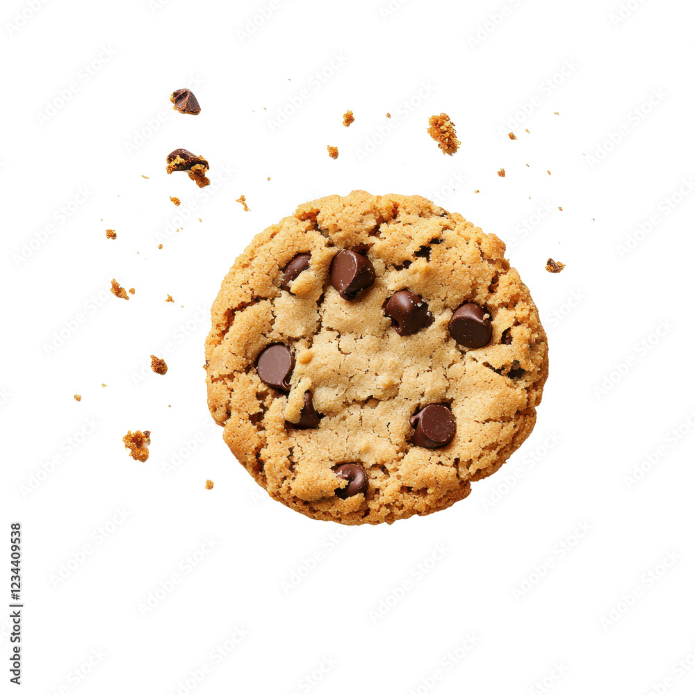 Delicious chocolate chip cookie with scattered crumbs, perfect for dessert lovers. Delicious chocolate chip cookie with scattered crumbs, perfect for dessert lovers.