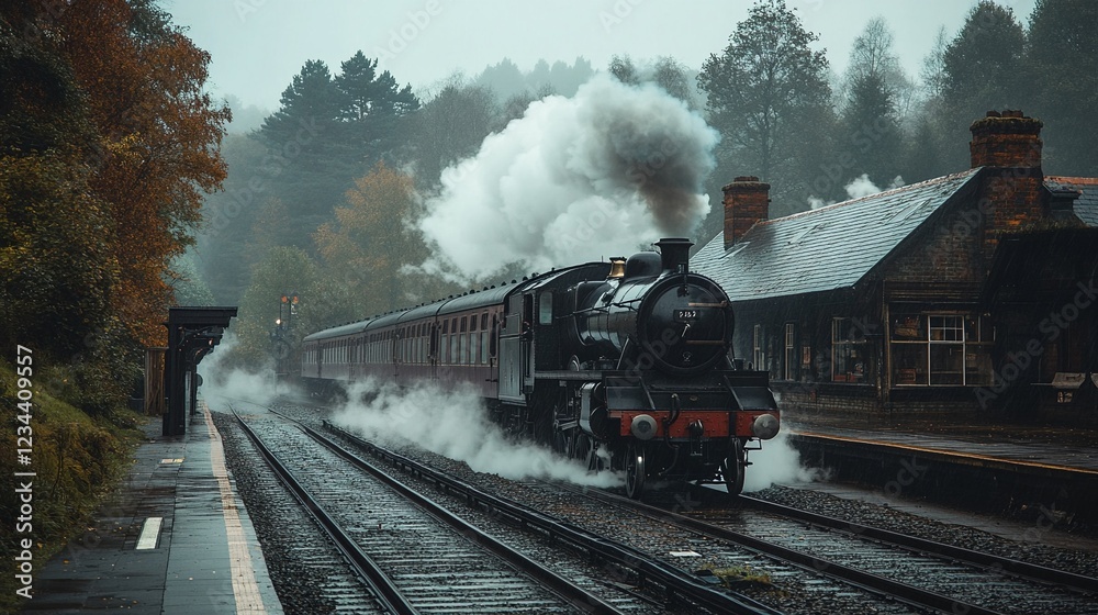 A train traveling through a rural area on a misty day. A train traveling through a rural area on a misty day.