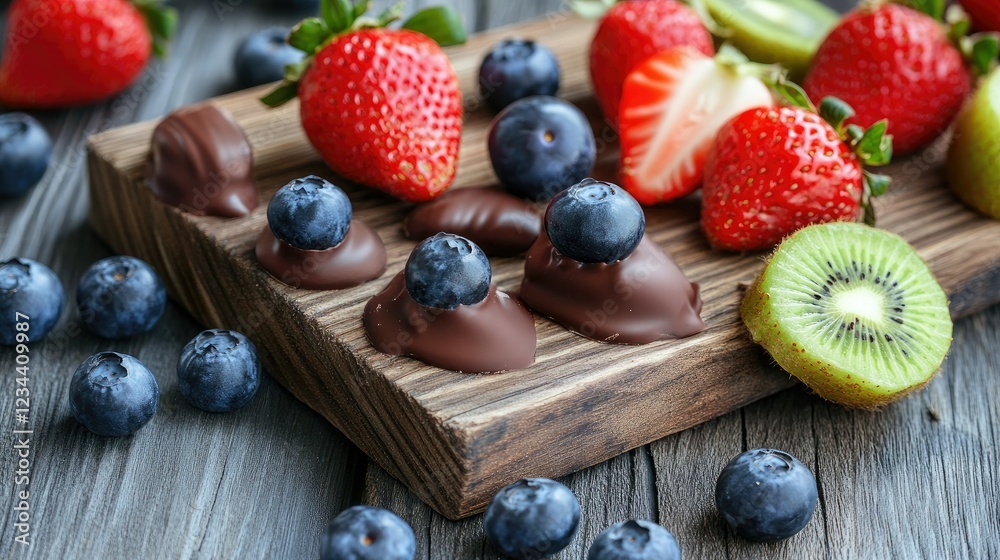 Dark chocolate-dipped fruits: fresh strawberries, blueberries, and kiwi on a rustic wooden board. Dark chocolate-dipped fruits: fresh strawberries, blueberries, and kiwi on a rustic wooden board.