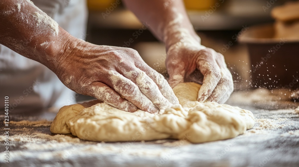 Dough preparation in progress, hands folding and kneading with precision. Dough preparation in progress, hands folding and kneading with precision.