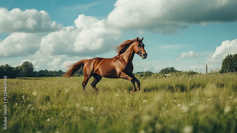 A lone brown horse gallops across a lush green field A lone brown horse gallops across a lush green field