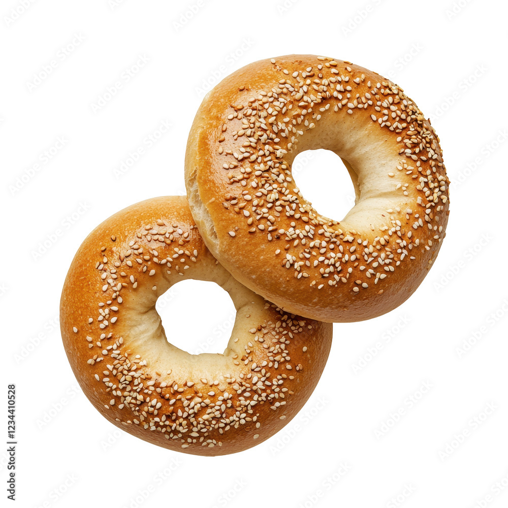 Two delicious sesame seed bagels stacked together for a tasty snack. Two delicious sesame seed bagels stacked together for a tasty snack.
