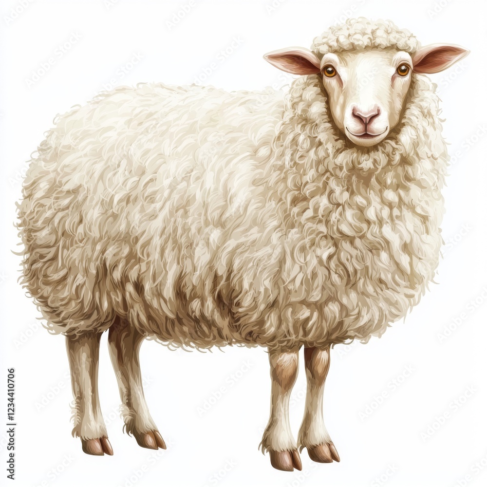 Fototapeta premium Fluffy White Sheep Standing Gracefully in a Pastoral Setting Surrounded by Lush Greenery