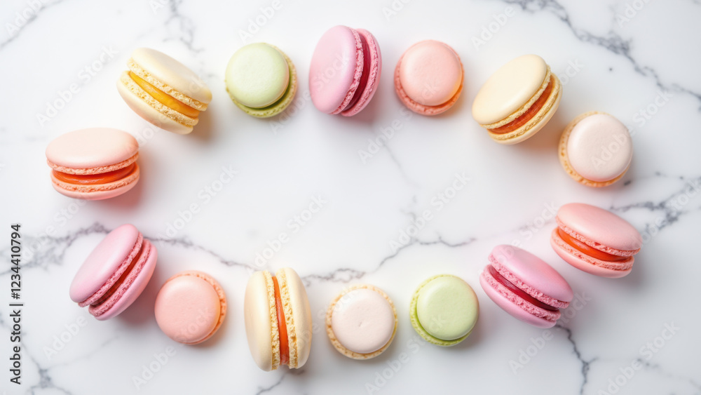 Fototapeta premium A heart-shaped arrangement of colorful macarons on a marble surface.