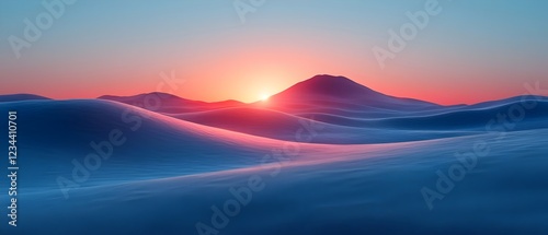 A serene landscape depicting gently undulating hills bathed in soft hues of pink and blue as the sun rises, creating a tranquil and dreamy atmosphere.