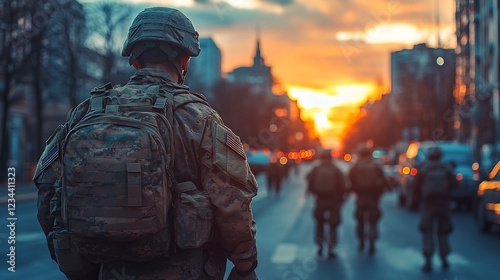 A soldier standing on a city street at sunset.