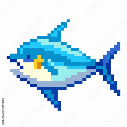 8 Bit Retro Pixelated Blue Shark Graphic Art for Video Game Design