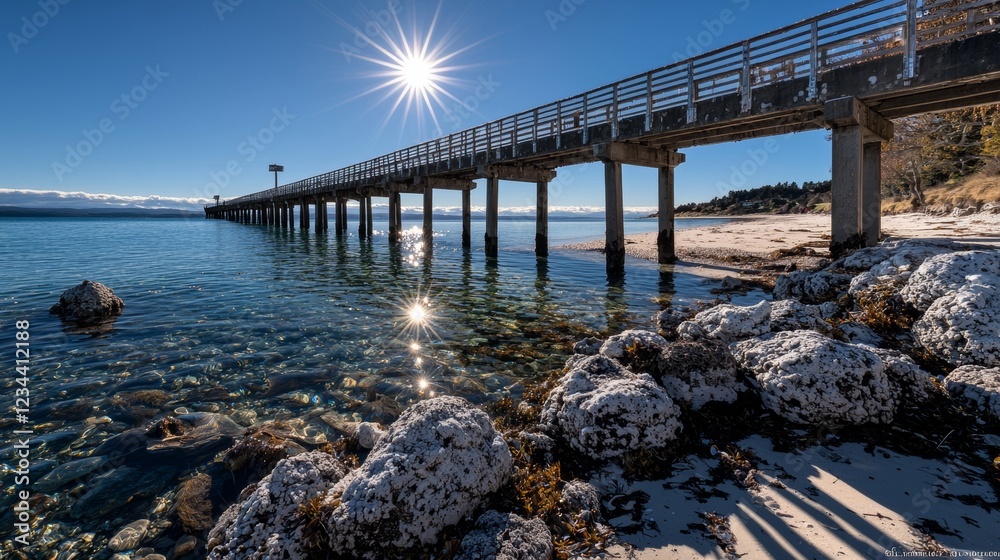 Fototapeta premium Sunlit Pier over Calm Ocean Coastal Landscape Photography Serene Beach Environment Scenic Viewpoint