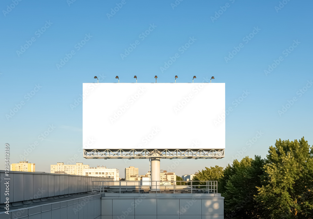 Obraz premium A blank white billboard mounted on the rooftop of a modern building surrounded by a clear blue sky