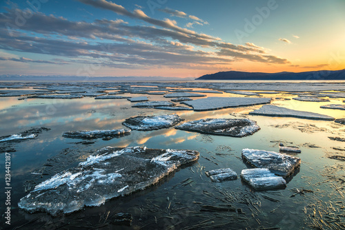 ice drift on Lake Baikal at the source of the Angara River in spring