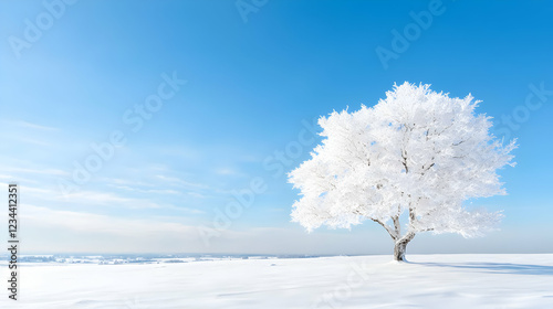Frosty tree on snowy field, winter landscape, serene scene, nature background