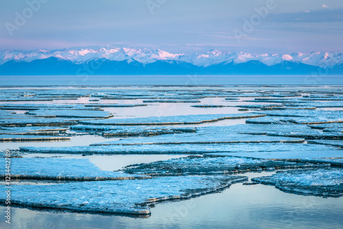 ice drift on Lake Baikal at the source of the Angara River in spring