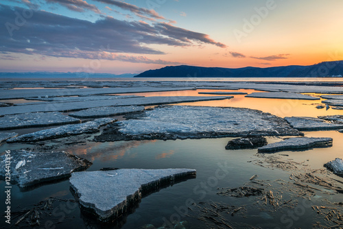 ice drift on Lake Baikal at the source of the Angara River in spring