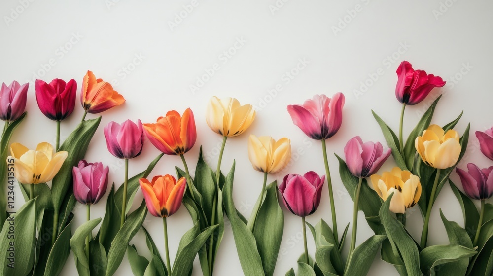 Fototapeta premium Row of Colorful Tulips on White Background