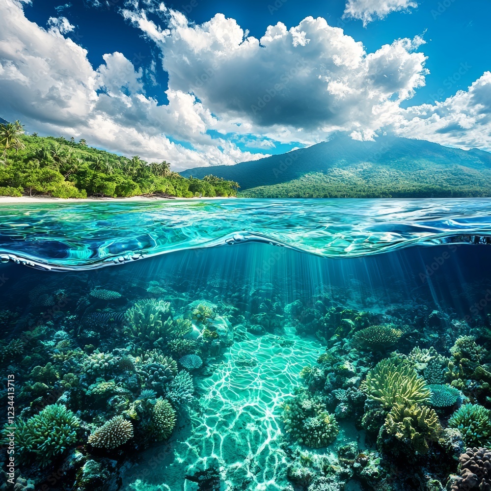 Naklejka premium Diving into the Coral Depths Tropical Island Underwater Adventure Ocean Wildlife Vibrant Ecosystem Aerial View Nature's Wonders