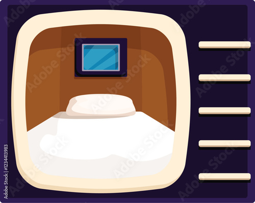 Compact and cozy capsule hotel room offering a private sleeping space with a built in screen for entertainment