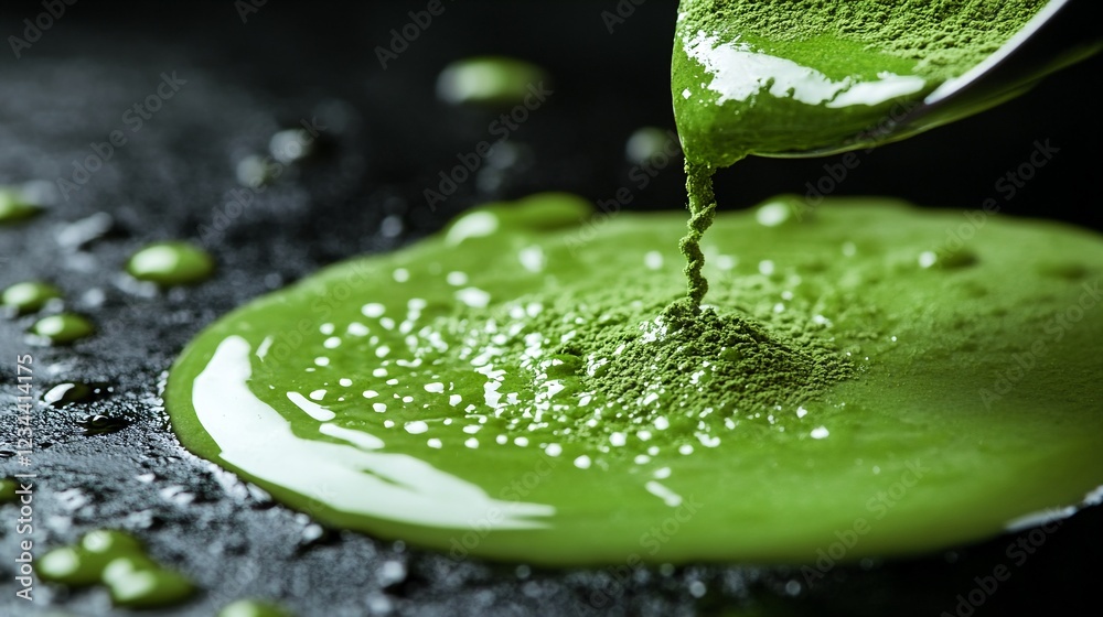 Fototapeta premium Green liquid being poured onto a black surface.
