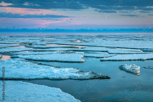 ice drift on Lake Baikal at the source of the Angara River in spring