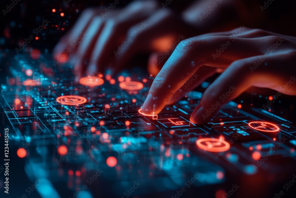 Hands typing on a futuristic keyboard glowing with digital effects in a dark workspace Hands typing on a futuristic keyboard glowing with digital effects in a dark workspace