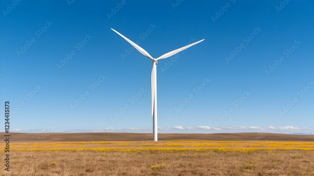 Single wind turbine in a field, clear sky. Renewable energy source Single wind turbine in a field, clear sky. Renewable energy source
