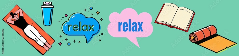 Flat style drawing illustration of a relaxing concept collections, elements isolated on solid green background, 300dpi Flat style drawing illustration of a relaxing concept collections, elements isolated on solid green background, 300dpi
