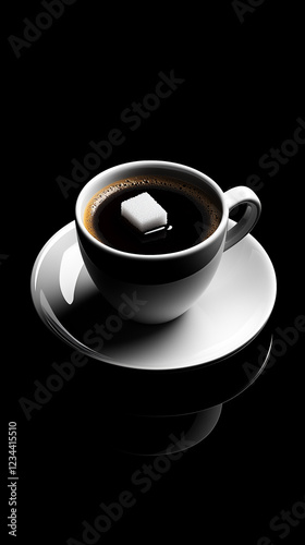 Espresso cup with sugar cube on minimalist saucer featuring soft lighting photo