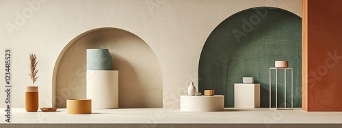 E commerce product displays featuring geometric backdrops and muted tones