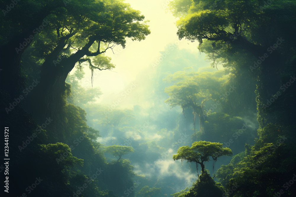 Abstract Painting illustration of Chinese style fantasy scenes, Thousands of green immortals secret with giant ancient trees, 300dpI Abstract Painting illustration of Chinese style fantasy scenes, Thousands of green immortals secret with giant ancient trees, 300dpI