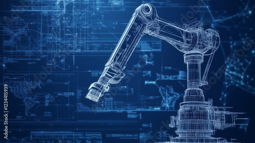 A robot is shown in blue with a lot of lines and numbers