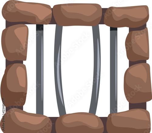 Sturdy stone wall framing metal bars, forming a secure window or gate, ideal for concepts of protection and confinement