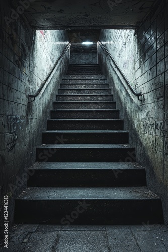 Moody, dimly-lit underground staircase with graffiti-covered walls.