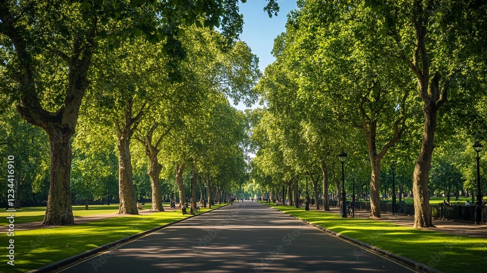 A serene and well-manicured parkway with lush greenery and neatly trimmed trees. A serene and well-manicured parkway with lush greenery and neatly trimmed trees.