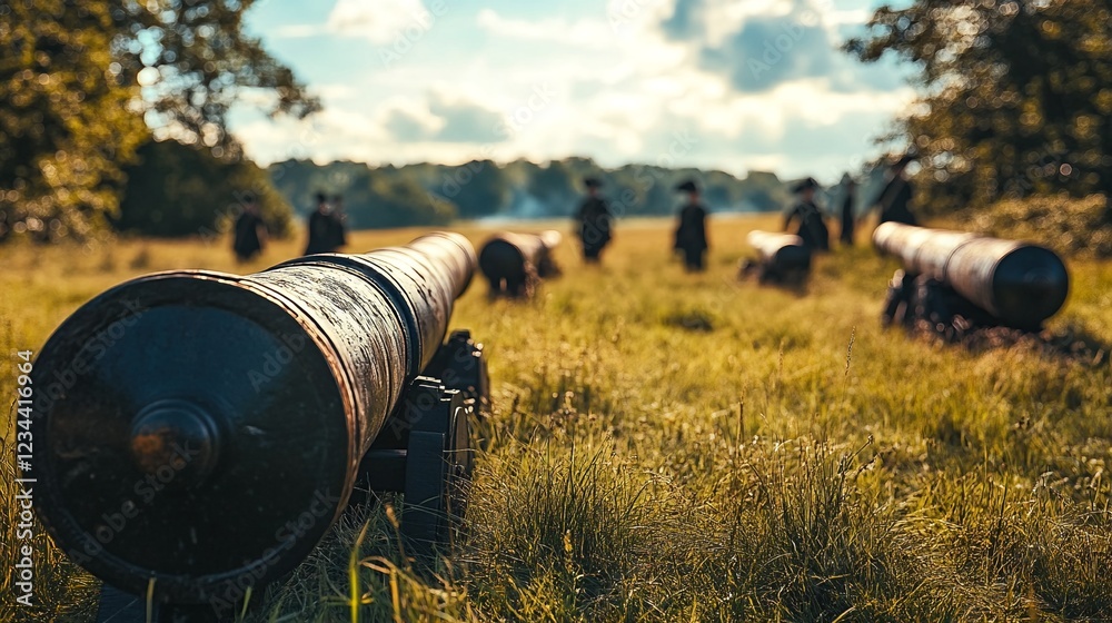 cannon on a field with people walking by. cannon on a field with people walking by.