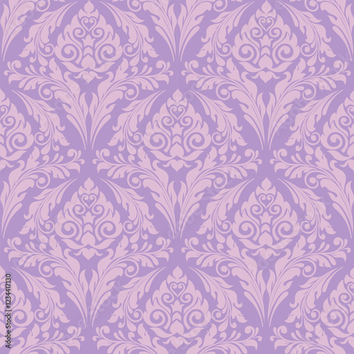 Elegant Damask Pattern with Ornate Floral Motifs and Decorative Borders. seamless design features a sophisticated blend of vintage-inspired elements and modern aesthetics	