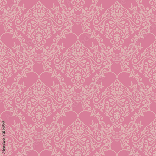 Elegant Damask Pattern with Ornate Floral Motifs and Decorative Borders. seamless design features a sophisticated blend of vintage-inspired elements and modern aesthetics	