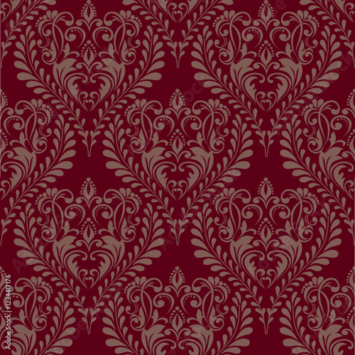 Elegant Damask Pattern with Ornate Floral Motifs and Decorative Borders. seamless design features a sophisticated blend of vintage-inspired elements and modern aesthetics	