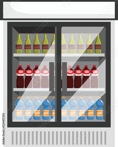 Glass door refrigerator showing rows of drinks and bottles for sale in a supermarket, ideal for retail, shopping and consumerism concepts