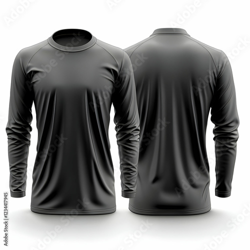 Black long-sleeve shirt mockup, front and back views, white background, apparel design