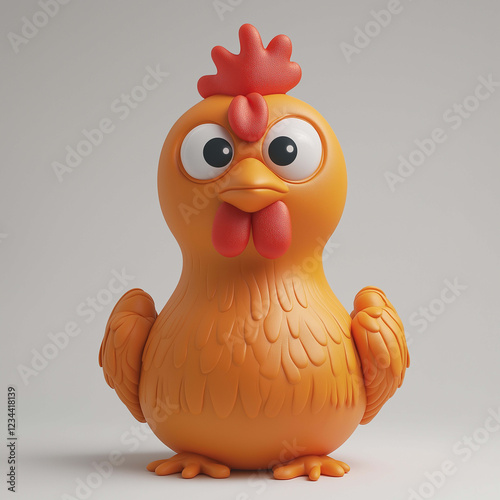 Cute cartoon chicken character with bright orange color and big eyes, featuring playful design and friendly expression. Perfect for children toys or animations