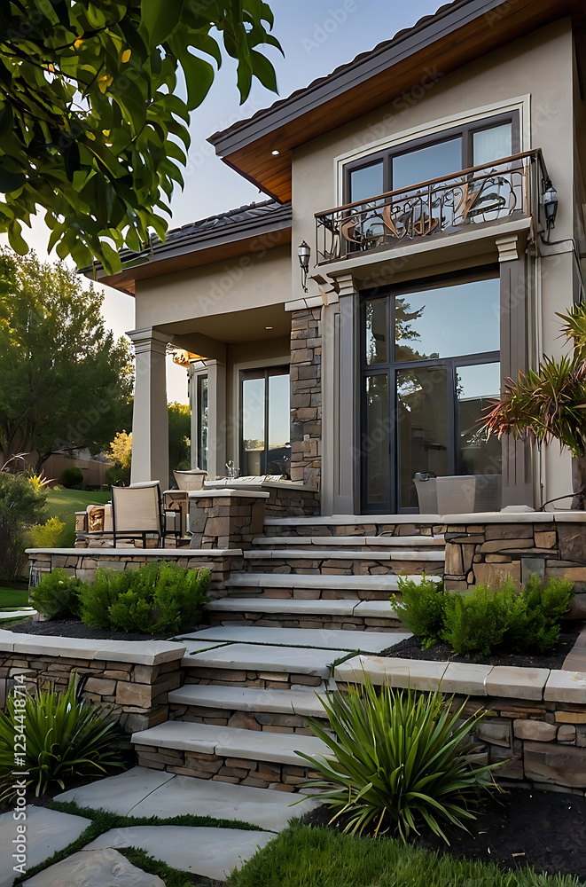 Luxury Home Exterior with Stone Steps and Landscaping. Modern architectural design, elegant residence with stunning backyard and garden views. Luxury Home Exterior with Stone Steps and Landscaping. Modern architectural design, elegant residence with stunning backyard and garden views.