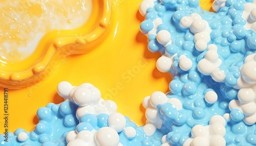 Glossy 3D abstraction featuring a combination of bright yellow, sky blue, and white colors. Organic shapes resembling bubbles and drops smoothly merge into a textured composition. The image conveys a