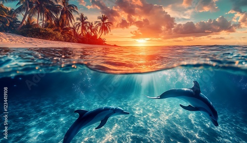 A beautiful photograph of dolphins swimming in the ocean with the sunset behind them photo