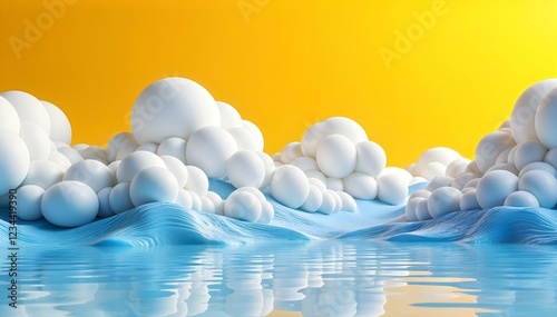 A three-dimensional abstract landscape with a vibrant yellow background, featuring glossy blue waves and white cloud-like structures. The composition conveys a sense of movement, freshness, and