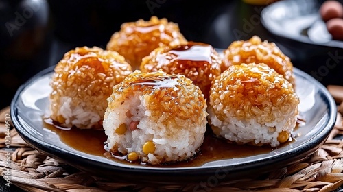 Delicious cambodian num plae ai rice cakes with mung bean street food phnom penh culinary delight close-up traditional snack photo