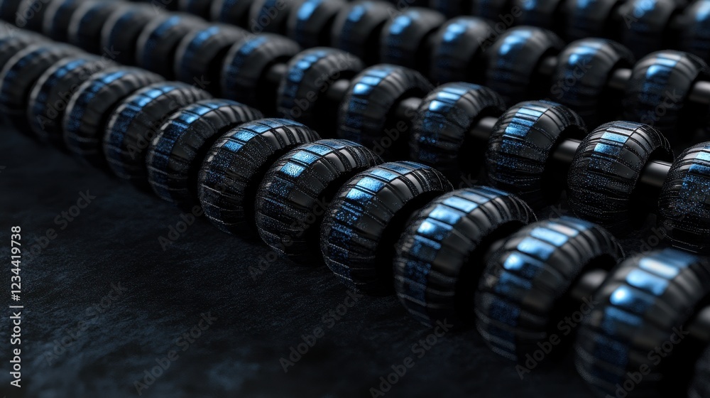 Close-Up View of Black and Blue Textured Wheels on Dark Surface Close-Up View of Black and Blue Textured Wheels on Dark Surface