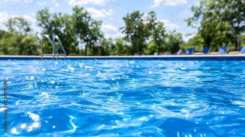 Refreshing Summer Vacation by the Sparkling Pool Water in a Lush Green Garden Environment photo