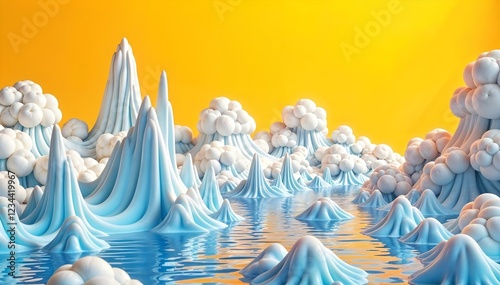 A three-dimensional abstract landscape with a vibrant yellow background, featuring glossy blue waves and white cloud-like structures. The composition conveys a sense of movement, freshness, and