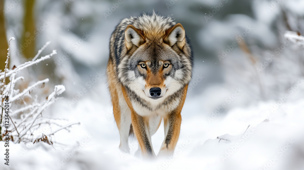 Obraz premium A wolf strides across a snowy landscape