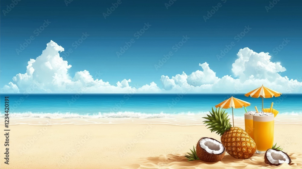 Obraz premium Tropical Beach Scene with Pineapple and Coconut Drinks Sunny Shoreline Digital Art Relaxing Atmosphere Vibrant Colors